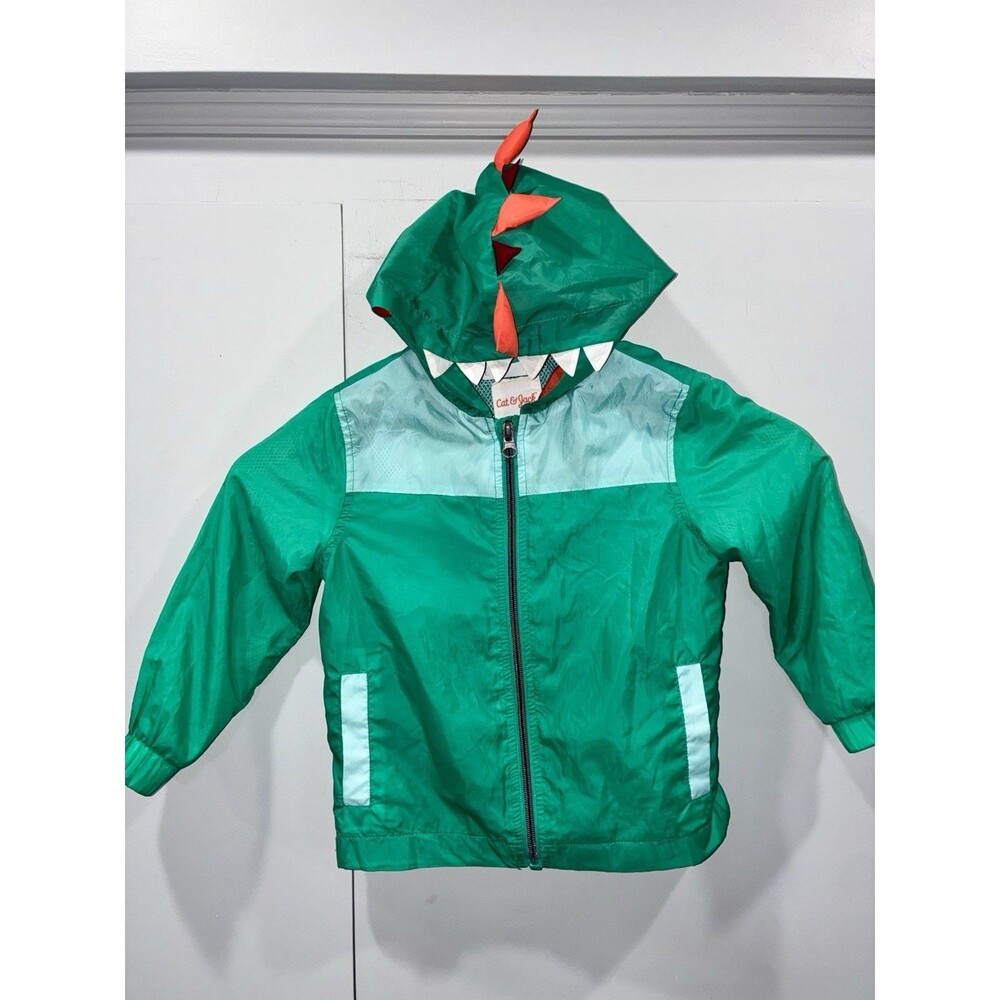 Cat & Jack Boys 2T Dinosaur Rain Jacket Green Hooded Orange Spikes Windbreaker